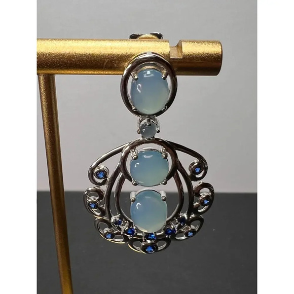 LAB CREATED BLUE SPINEL AND BLUE CHALCEDONY RHODIUM OVER SILVER EARRINGS - Picture 8 of 11